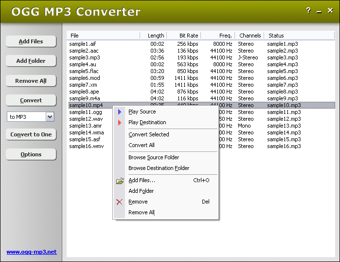 Convert OGG to MP3 and MP3 to OGG, join OGG, and resample OGG files.